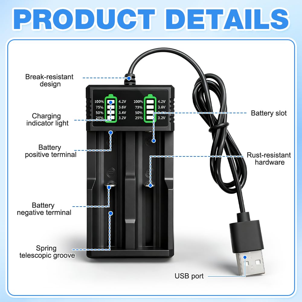 NAVESO 2 baterías recargables de 3,7 V 2200 mAh, batería de iones de litio de 3,7 V con cargador, batería de iones de litio para linterna, ventilador pequeño, timbre, mini ventilador, linterna frontal — view 4