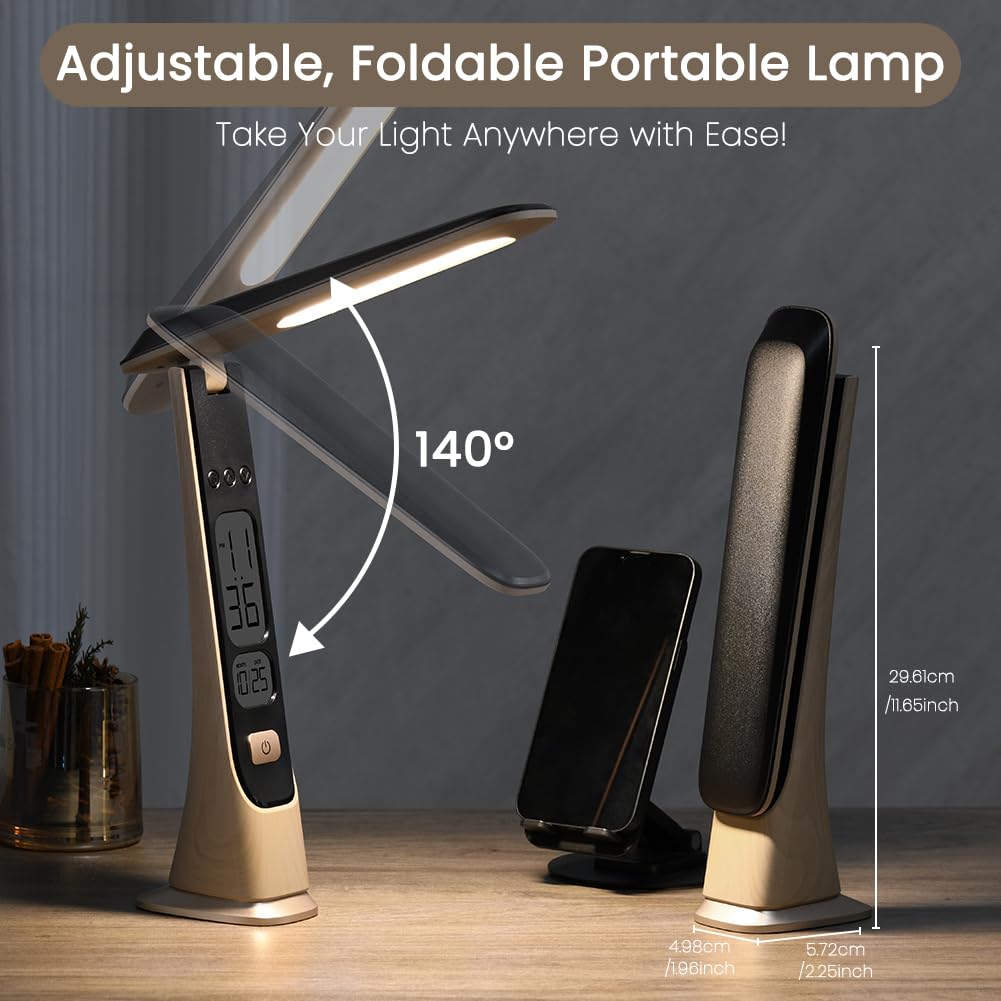 Lámparas recargables inalámbricas, lámpara de escritorio portátil plegable, luces a pilas con brillo continuo y visualización de tiempo para oficina en casa, luces de libros, accesorios de 6