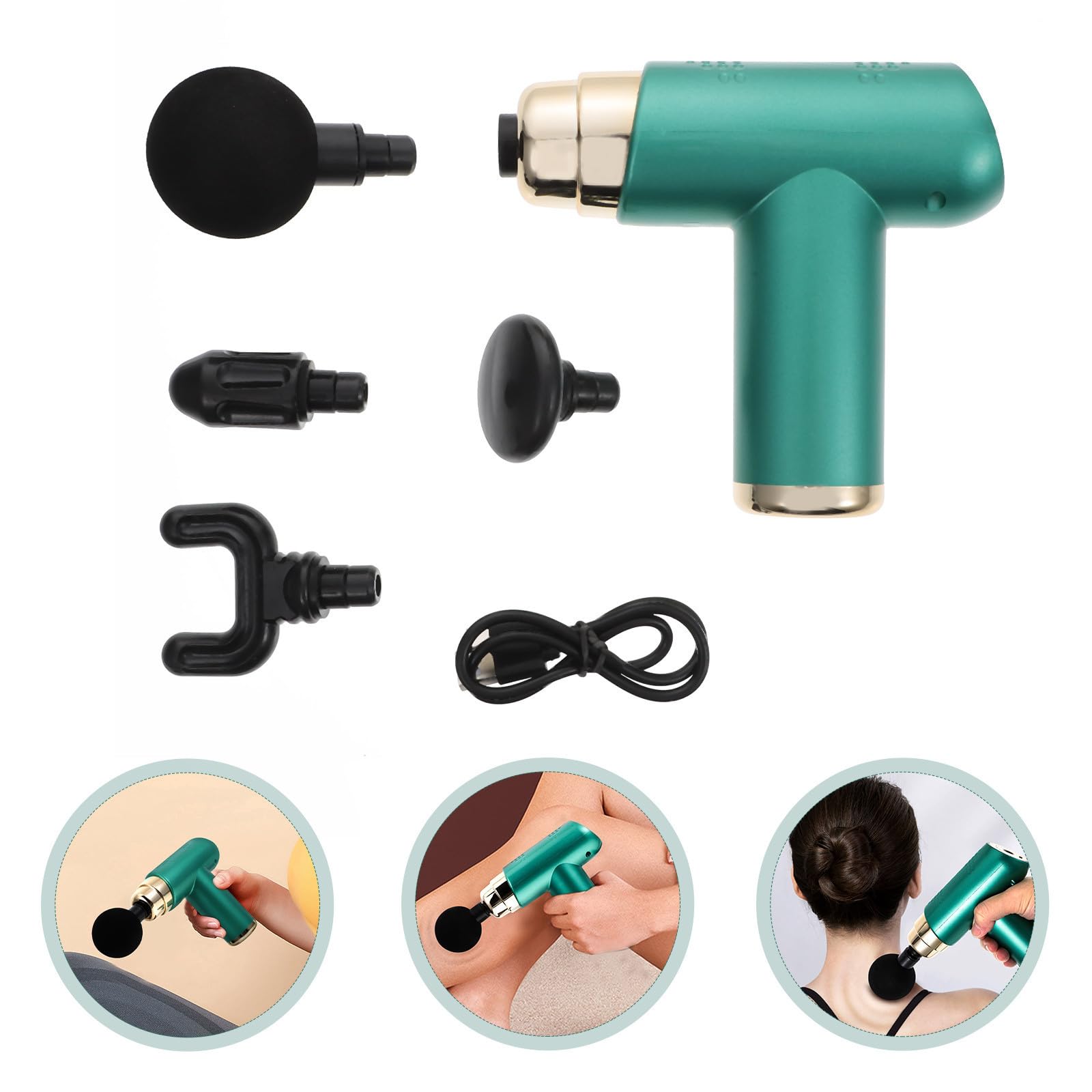 Elektrisches Kleiner Muskelmassagegerät 1 Satz, 6-stufig, Grün | Abs Gehäuse, 1200mah Akku, 25w Leistung, Vier Aufsätze, nach Sport und Yoga