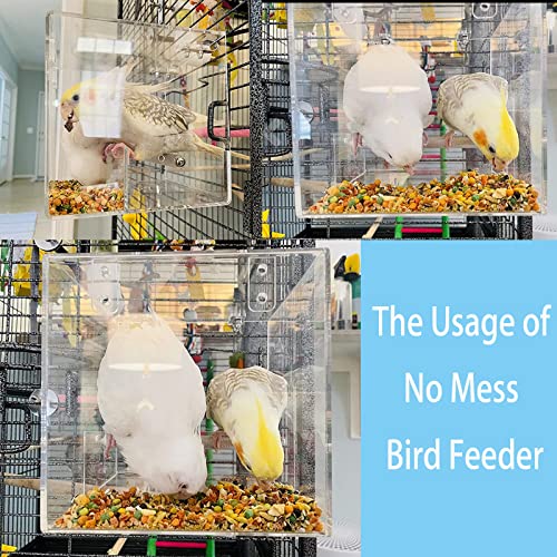 Image of No Mess Bird Feeder for Cage - Automatic Bird Feeder Transparent Food Container Acrylic No Spill Cage Seed Catcher with Stainless Steel Hooks for Parrot Parakeet Cockatiels Lovebirds