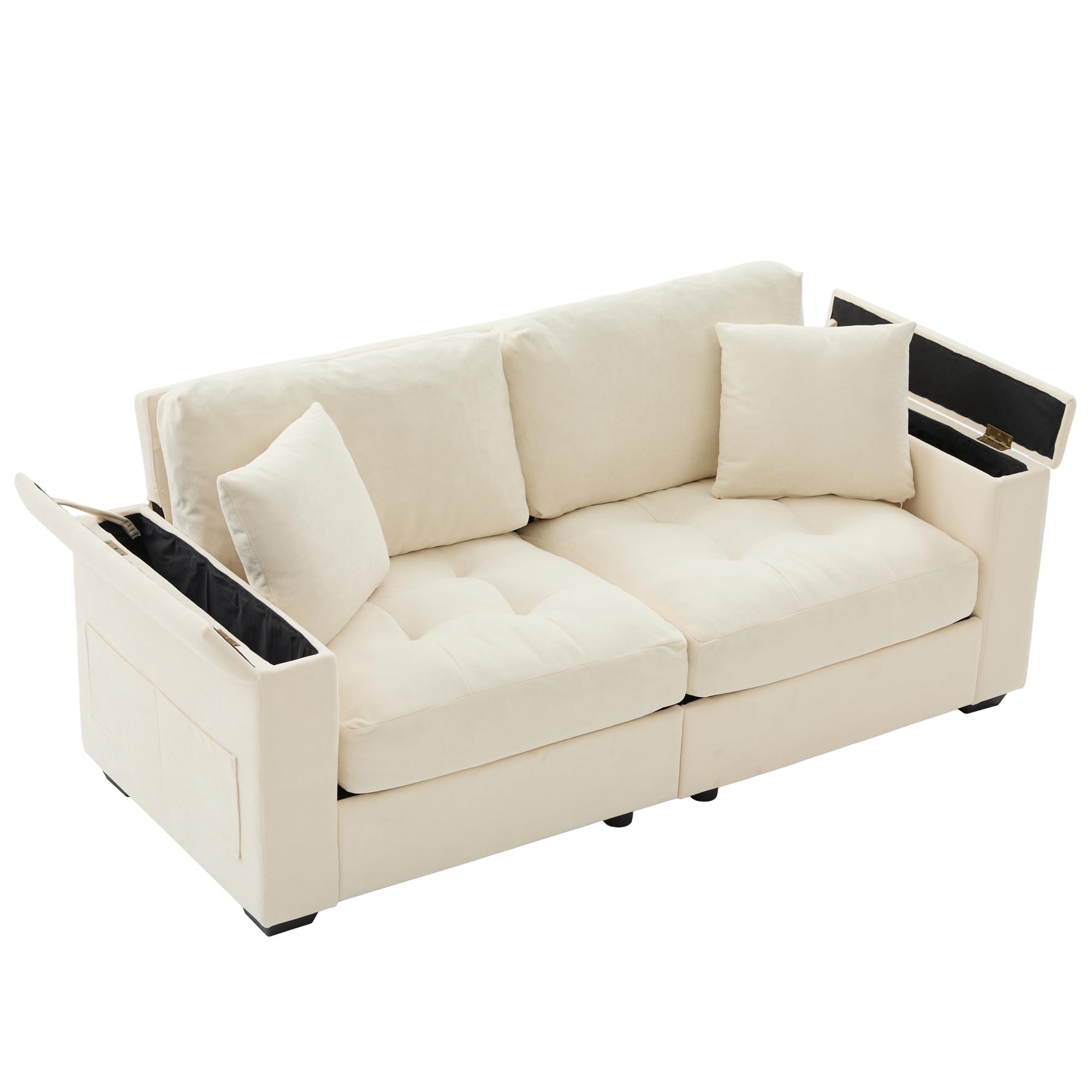 Modernes Zweisitzer-Sofa mit Stauraum in den Armlehnen, aus weichem Chenille-Stoff, inklusive 2 bequemen Kissen, mit hochdichter Schaumstoffpolsterung für höchsten Sitzkomfort (Beige)