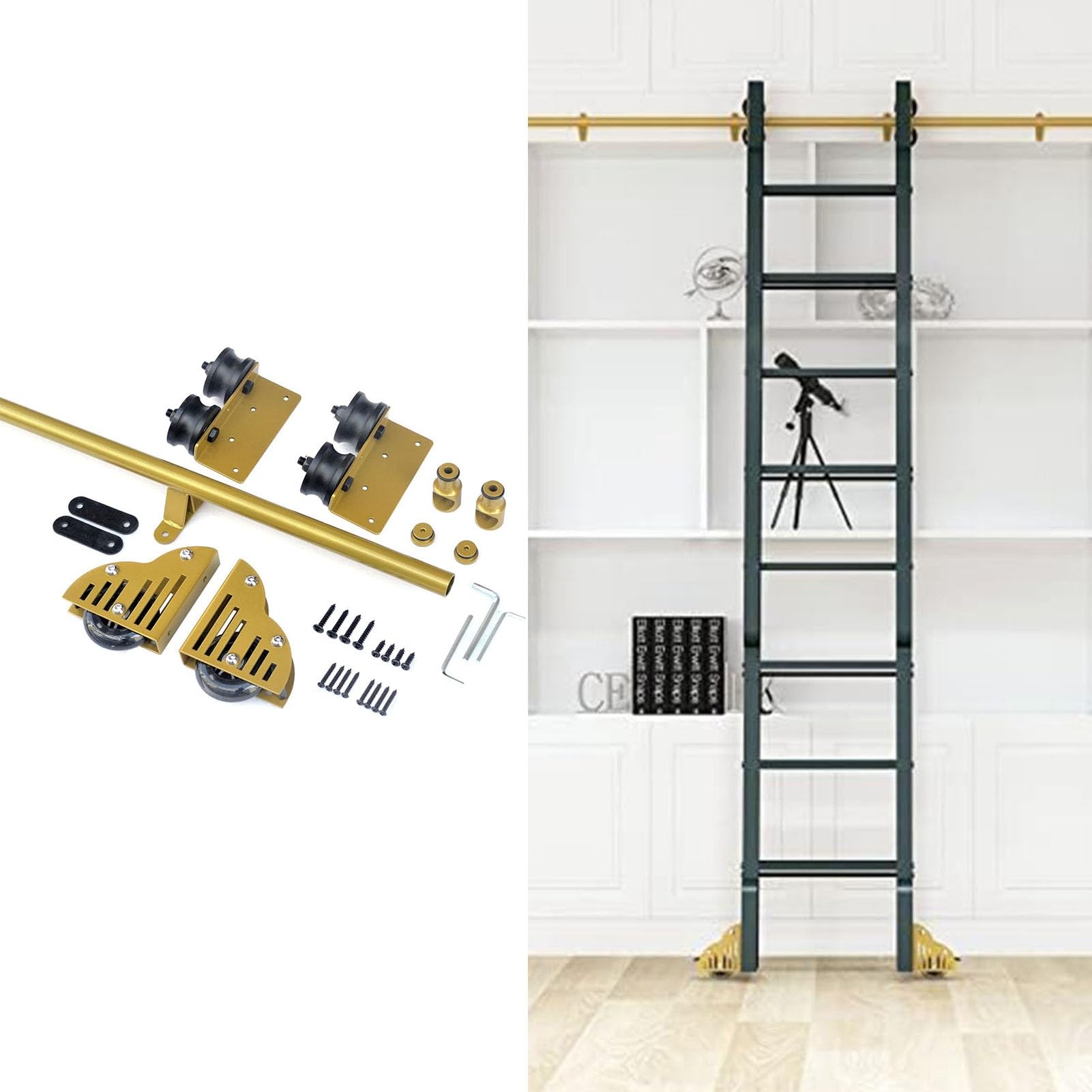 Golden Rolling Library Ladder Hardware Kit Round Tube Sliding Ladder Hardware Set with Brake for Home/Indoor/Loft 3.6 m Track Kit Floor Roller Included