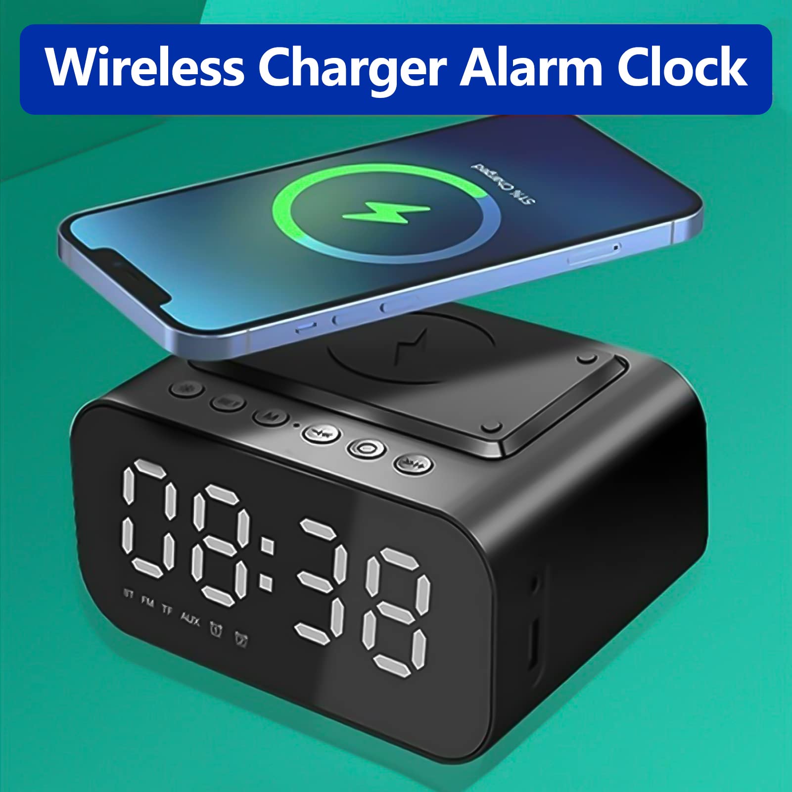 Sveglia con Caricatore Wireless, Altoparlante Multifunzione 4 in 1 LED Orologio da Tavolo Digitale Radio FM Funzione Snooze