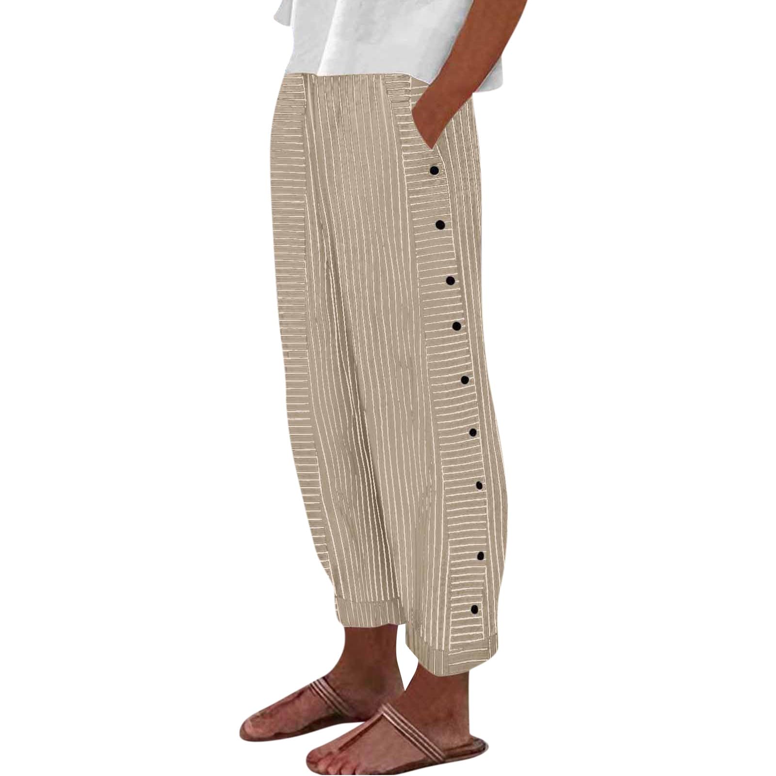 tobchonp Black and White Striped Linen Capri Pants Women Casual High Waisted Wide Leg Cropped Pants Summer Beach Yoga Pants with Pockets Plus Size Linen Pants for Women