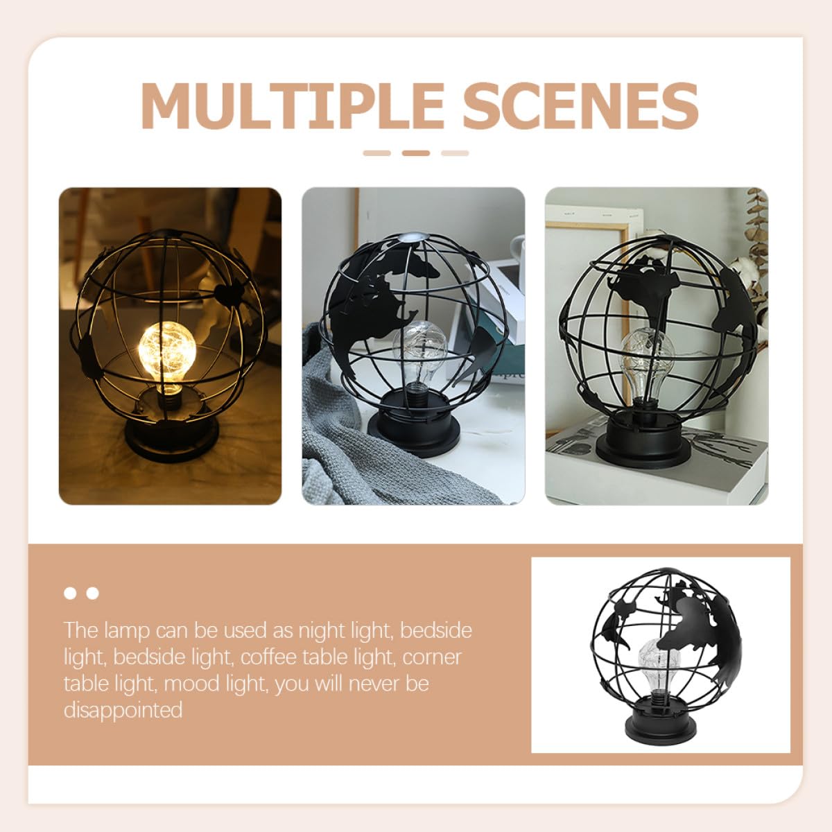 Lámpara de Noche Forma de Globo Negra, Luz Decorativa de Sobremesa en Hierro y Plástico, Adecuado para Dormitorio y Sala de Estar