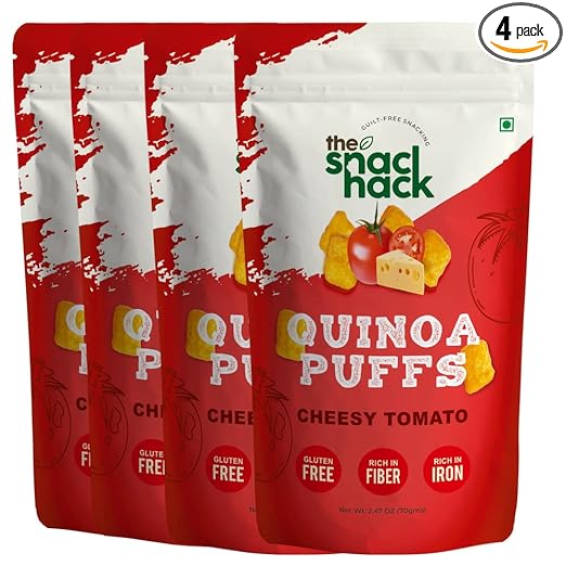The Snack Hack Cheesy Tomato Quinoa Puffs : (Pack of 4 x 70 gm) | Snack for Kids | Delicious Taste | Healthy Puffs | Protein Snack | Rich in Iron | Guilt-Free Snacking