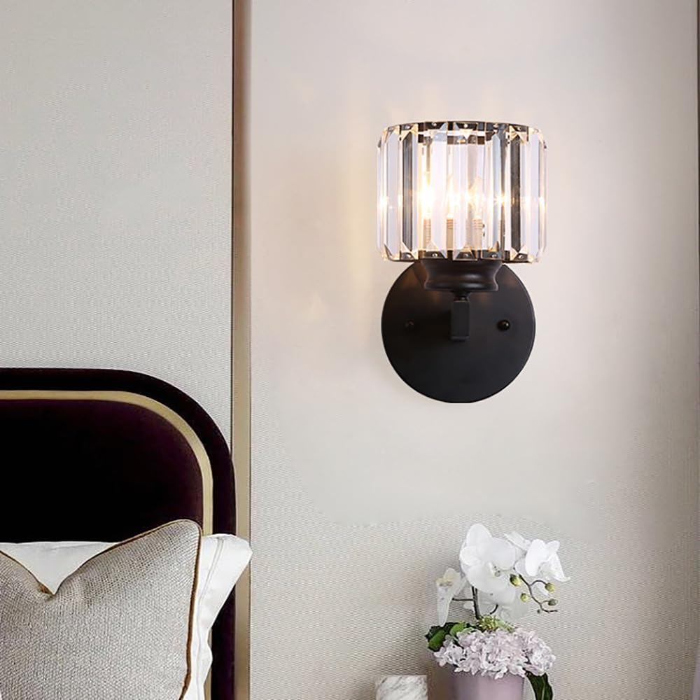 10 inch Crystal Wall Lamp Sconce, Luxury Modern Bathroom Vanity Mirror Light Wall Light Fixture for Bedroom Living Room Dining Room Wall Flush Mount, Black Indoor Lighting Included Bulb