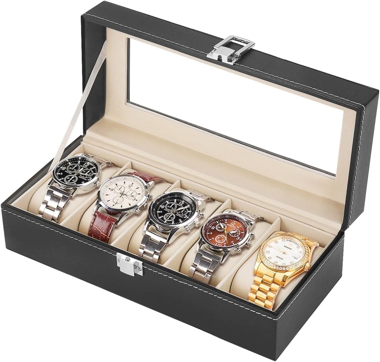 WEZOSHINET 5 Slot Stylish Watch Box Organizer for Men and Women Luxury New Watch Storage Case with Top Glass Display & Removable Pillows in Each Slot - Premium Watch Cases for Men Made with PU Leather (B0CXJG8F4G) Amazon Price History, Amazon Price Tracker