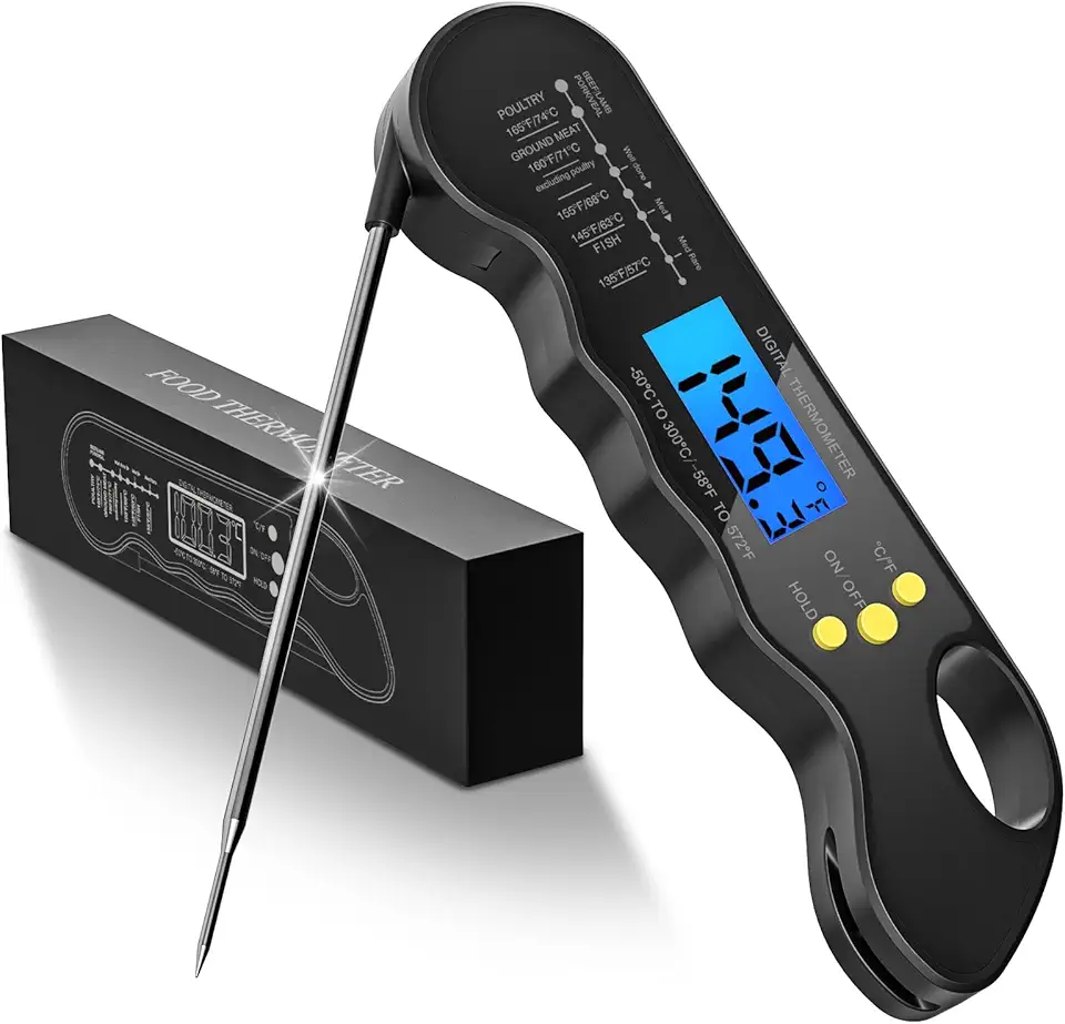 TRAUSI Instant Read Meat Thermometer, Fast & Accurate Digital Food Thermometer with Backlight, Waterproof & Magnet for Grilling, Cooking, BBQ, Smoker, Baking, and Candy Making Black