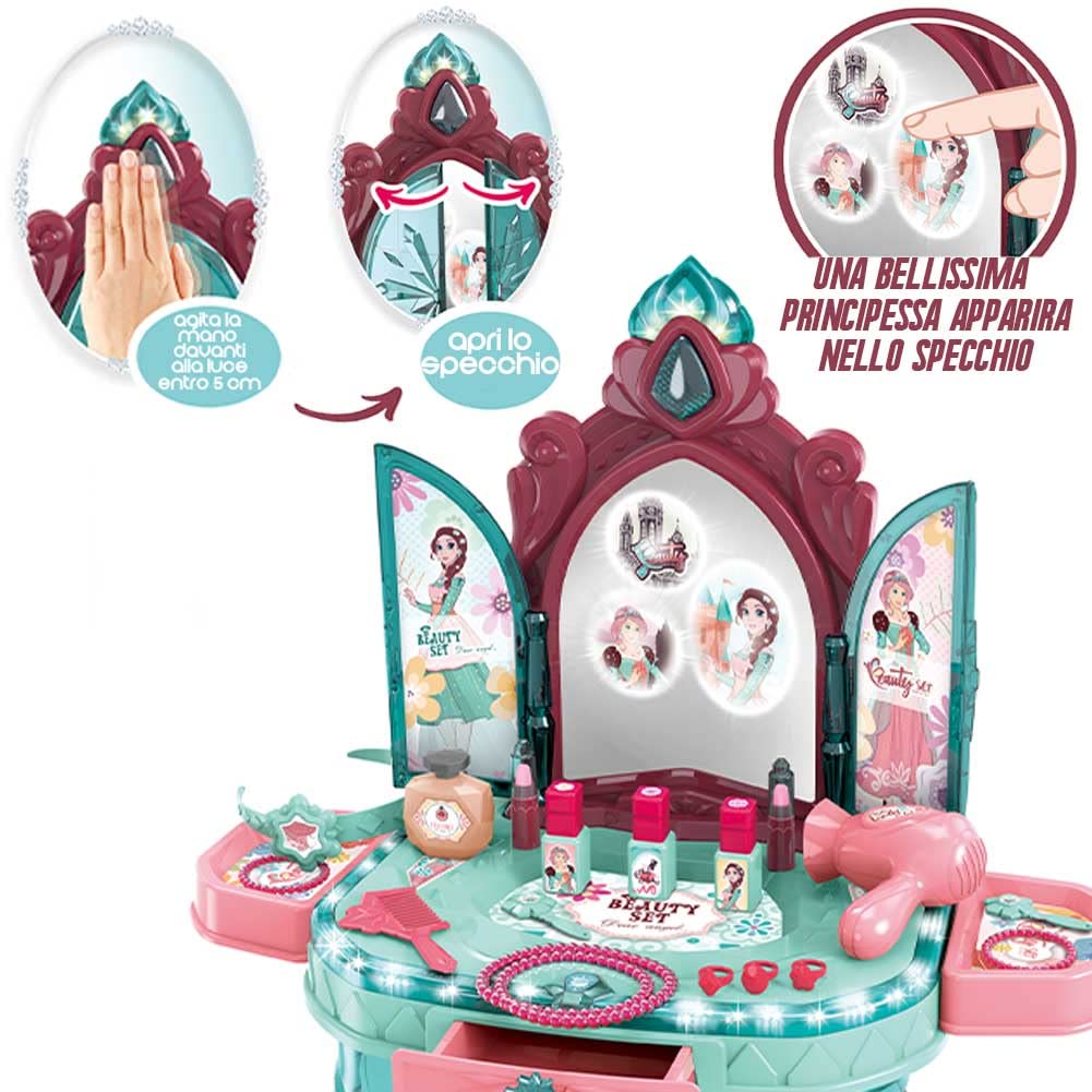 BAKAJI Specchiera Toeletta per Bambine con Sensore di Apertura Porte Set Bellezza Make Up Mobile con Sgabello e Accessori Realistici Gioco con Luci e Suoni con Cassetto Contenitore Sicuro Robusto
