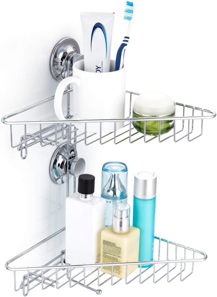 Corner Shower Caddy Suction Cup Double Tier Shower Basket for Shampoo Vacuum Powerful, Combo Organizer Basket with Hooks Holder for Bathroom Storage