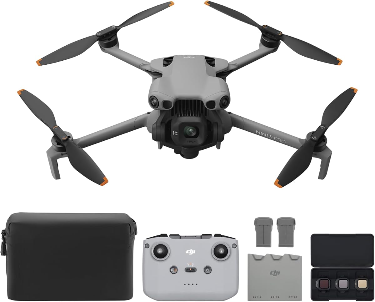 Mini 5 Pro Fly More Combo con DJI RC-N3, CMOS de 1 pulgada | Dron 4K para principiantes, detección omnidireccional de obstáculos, ActiveTrack 360°, rotación del cardán de 225°, 3 baterías