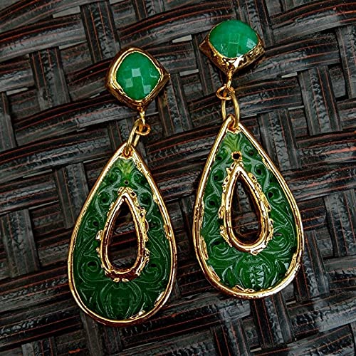 Jade vert en forme de larme sur boucles d'oreilles style fleur - 3