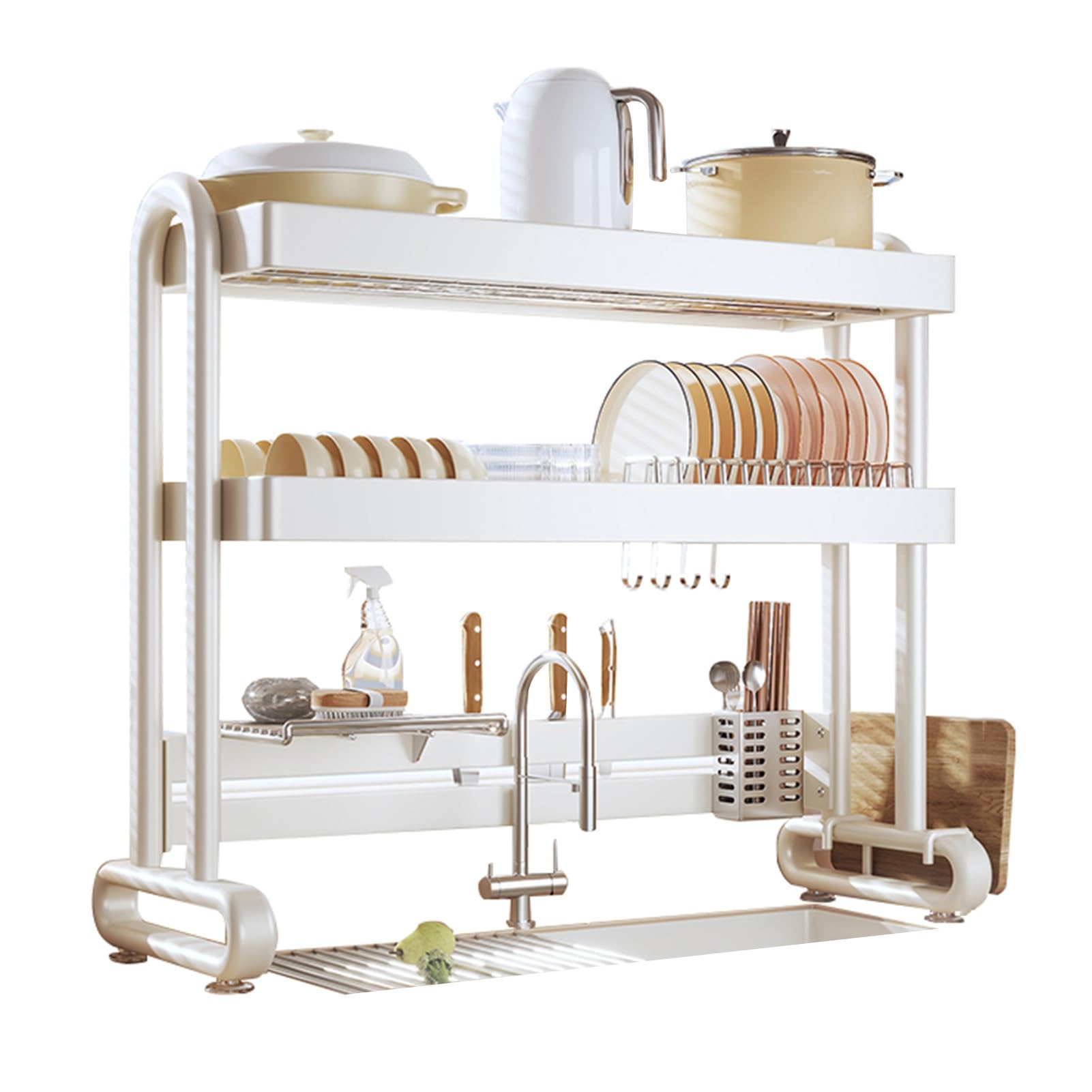 Over The Sink Dish Drying Rack Large Dish Drainer Drying Rack with Hooks Towel Utensil Cupm Sink Caddy