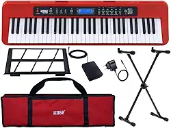 Kit Teclado Musical Eletrônico Iniciante Kobe KB-300 RD 5/8 61 Teclas Sensitivas ao Toque com Pedal Sustain Capa e Estante