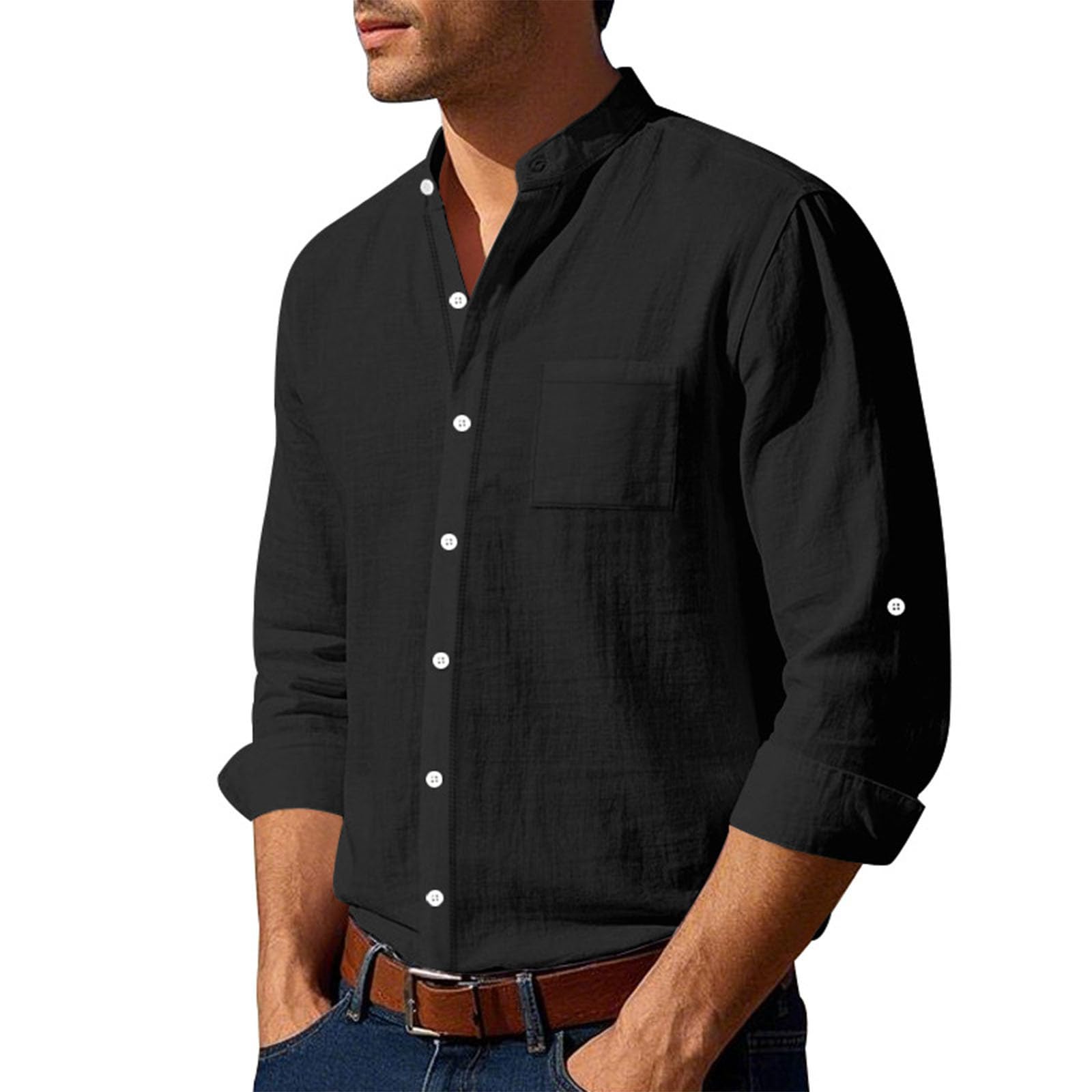 Mens Summer Linen Shirts Casual Button Down Shirts Long Sleeve Collared Tees Beach Holiday Hawaiian Tops with Packet