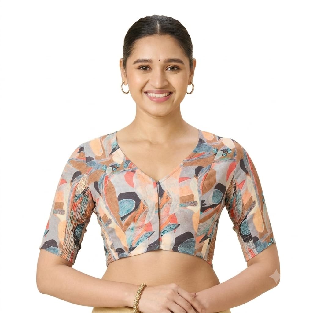 Women's Cotton Picasso Print Side Stretch (Smocked) Readymade Saree Blouse-image-22