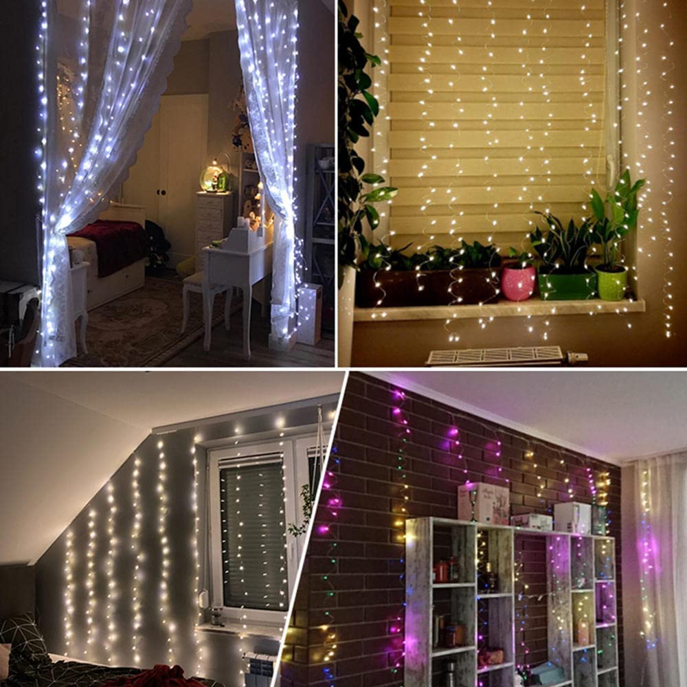 Luci a corda, Stringa di luci for tende da finestra|Luci natalizie alimentate tramite USB|8 modalità di illuminazione Dimmerabile a distanza|Ideale for feste di matrimonio Giardino domestico Camera da
