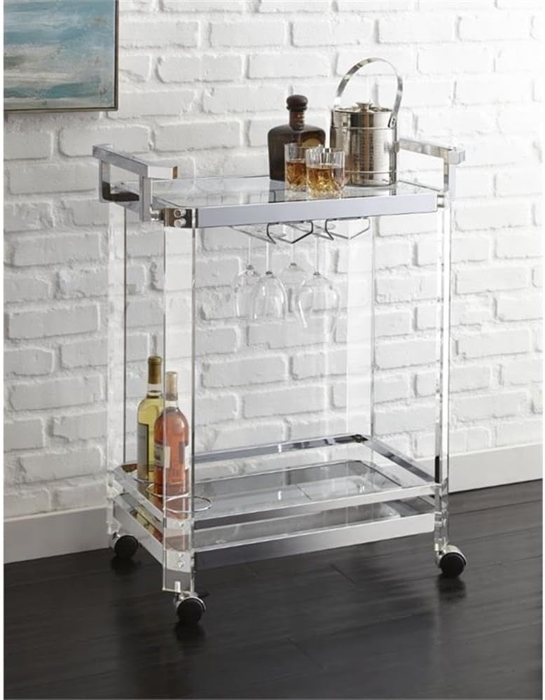 BOWERY HILL Acrylic Bar Cart, Chrome Finish, 35" H x 17" W x 29" D, Rectangular Mobile Server with Tempered Glass Shelves, Casters, Stemware Storage, and Wine Bottle Holder for Entertaining