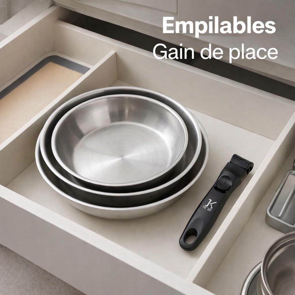 Set di 3 padelle in acciaio inox di alta qualità – induzione e forno, manico rimovibile, cucina sana, 20/24/28 cm