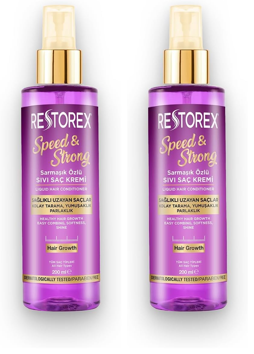 Restorex Speed & Strong Sıvı Saç Kremi – Kolajen & Biotin İçerikli, Durulanmayan, Anında Tarama & Parlaklık, Isı Koruyucu, 200 ml (2 paketi)