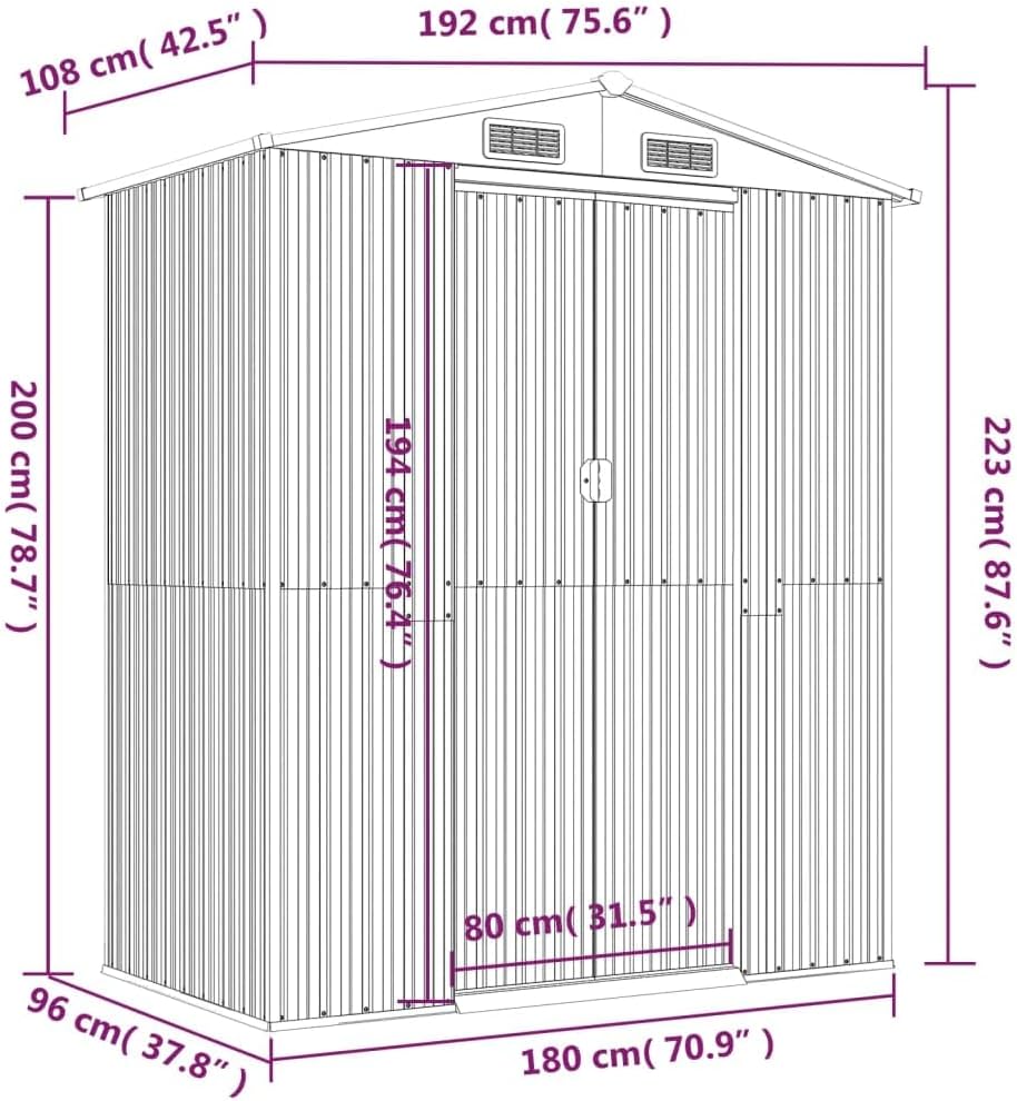 Garden Shed Light Gray 75.6""x42.5""x87.8"" Galvanized Steel,HeavyDuty Galvanized Steel Garden Shed for Outdoor Tool and Equipment Storage Storage & Home Organization, Outdoor Storage