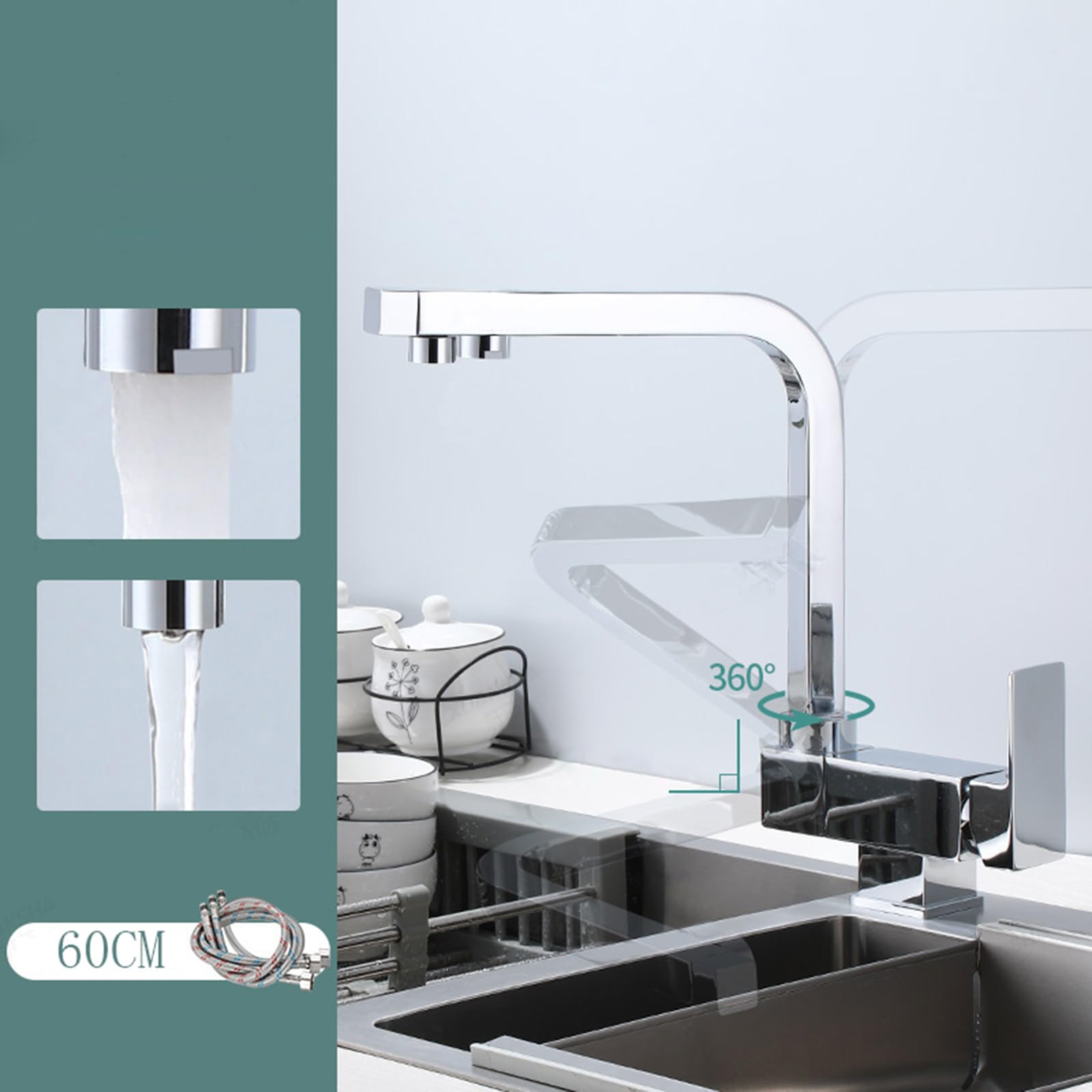 Filtre à eau 3 voies pour évier de cuisine Finition chromée avec robinet d'eau potable monomode