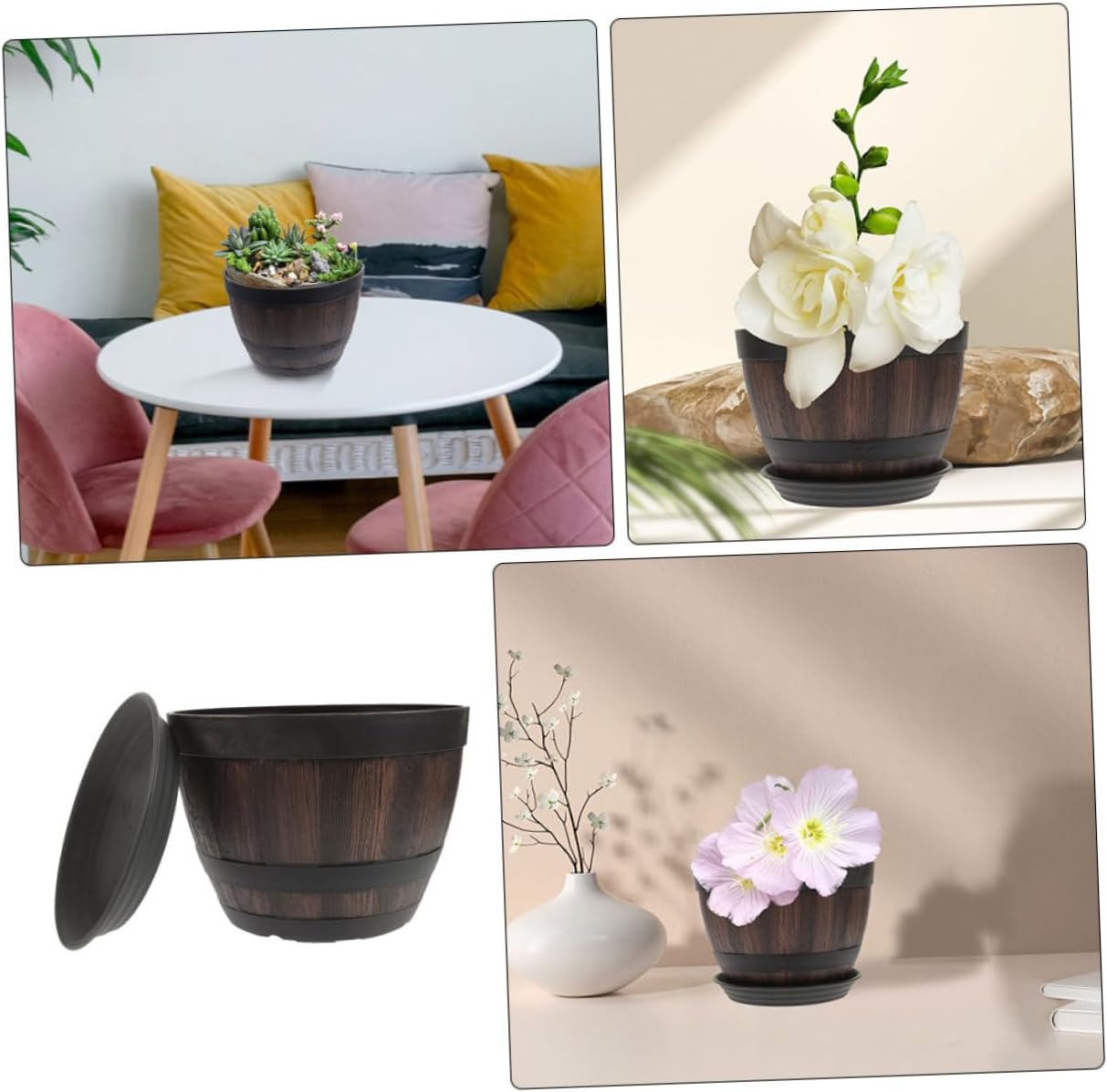 Retro Faux Wooden Planter with Drainage Hole and Tray, Thickened Vintage Plastic Garden Pot for Balcony and Outdoor Yard, Imitation Whiskey Barrel Flowerpot