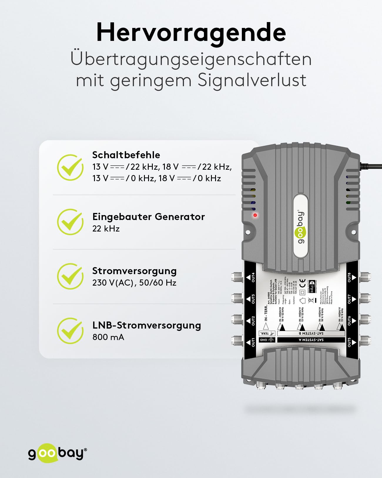 goobay 64880 Multiconmutador satélite/Multiconmutador Compacto / 9 entradas / 8 Salidas / 4K, 8K UHD/Dab+ / para 8 participantes
