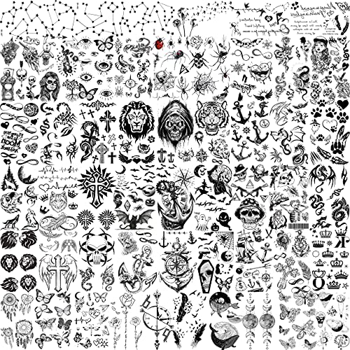 TASROI 52 Sheets Black Tiger Lion Skull Temporary Tattoos For Kids Women Men, Small Black Spider Flower Anchor Bat Fake Tattoos Adults, Halloween 3D Tiny Temp Tatoo Sticker Arm Hand Face Constellation