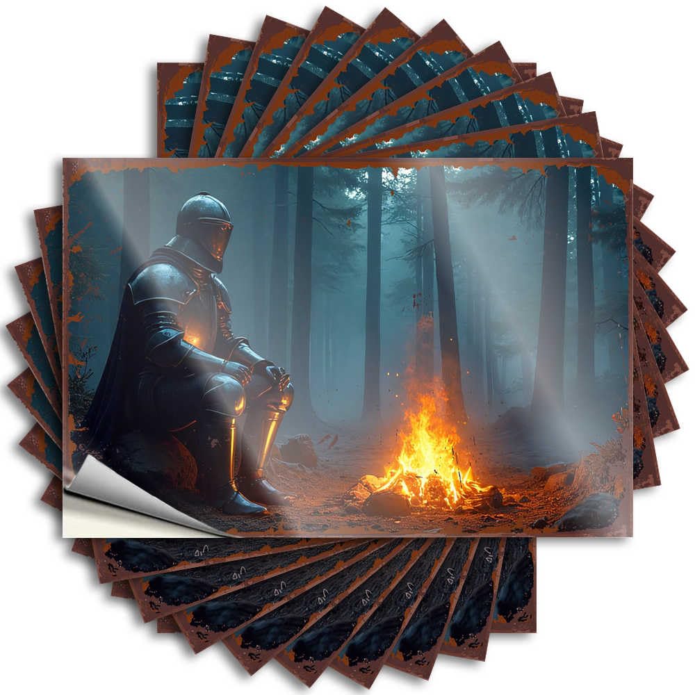 Summer Decals Door | Knight in Armor By The Campfire: A Mystical Forest Scene Affirmation Dart Sticker Pack(12X18CM)
