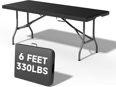 6 Foot Folding Table Black - Durable 330LBS Capacity, Sturdy & Foldable Design with Safety Lock - Portable for Party, Camping, Indoor & Outdoor Use, 1 Pack