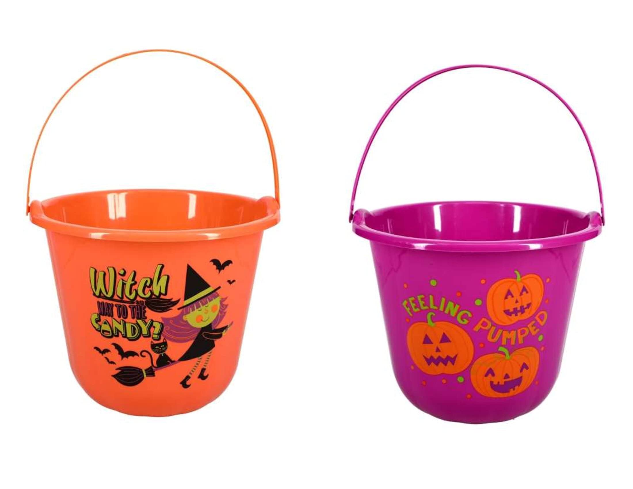 ComingTrue CGT Set of 2 Feeling Pumped Have a Magical Halloween Plastic Loot Trick or Treat Candy Buckets Pails 12.25 x 9 in. Party Supplies Festive Activity Costume Accessories, Orange, Purple