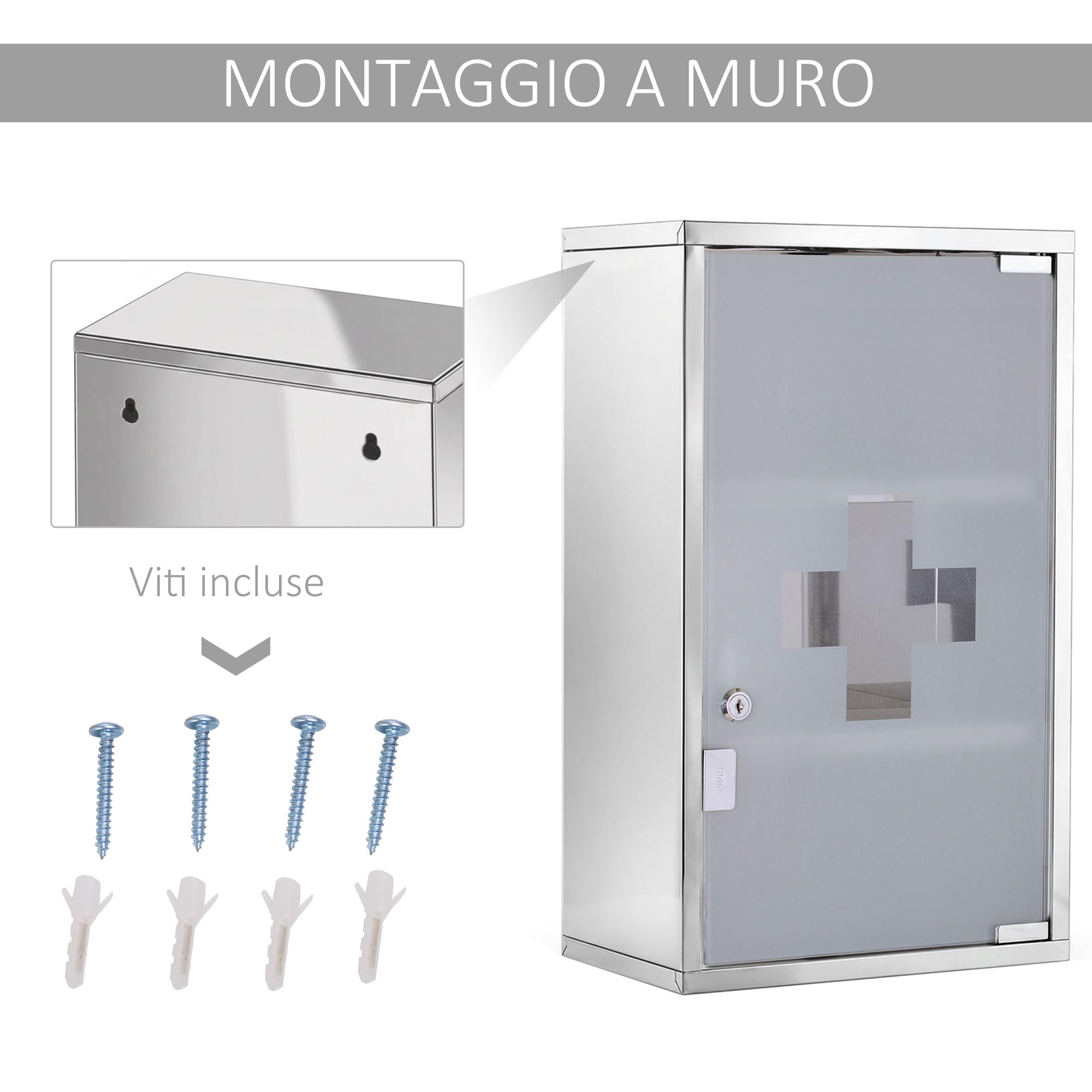 HOMCOM Armadietto medicinali 50x30x18cm Cassetta mobile bagno primo soccorso in acciaio inox con serratura