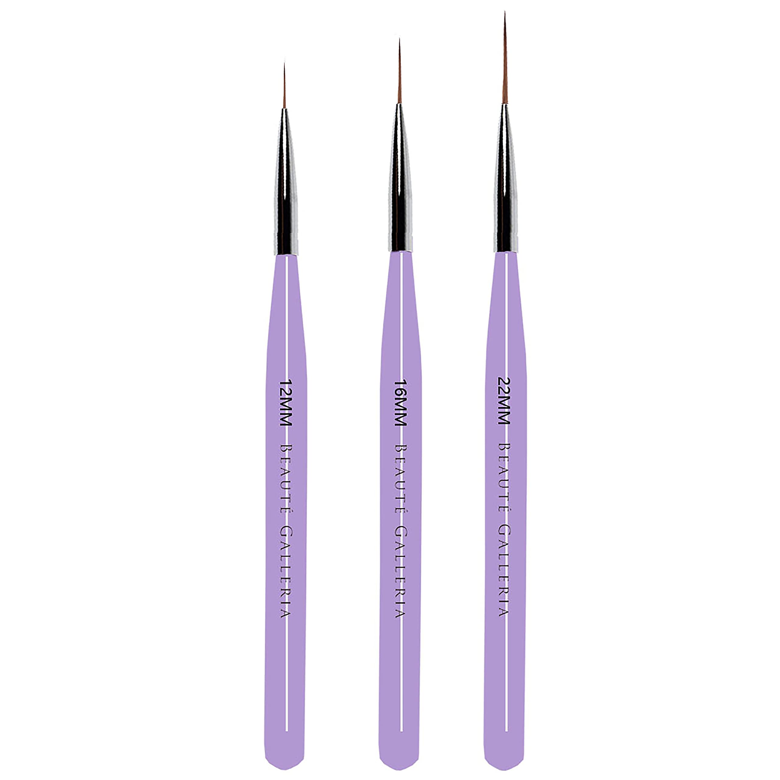 BEAUTÉ GALLERIA3 Pieces Nail Art Long Striper Brush Set (12mm, 16mm, 22mm) for Thin Long Fine Line, Detailer, Striping, Color Block, One Stroke