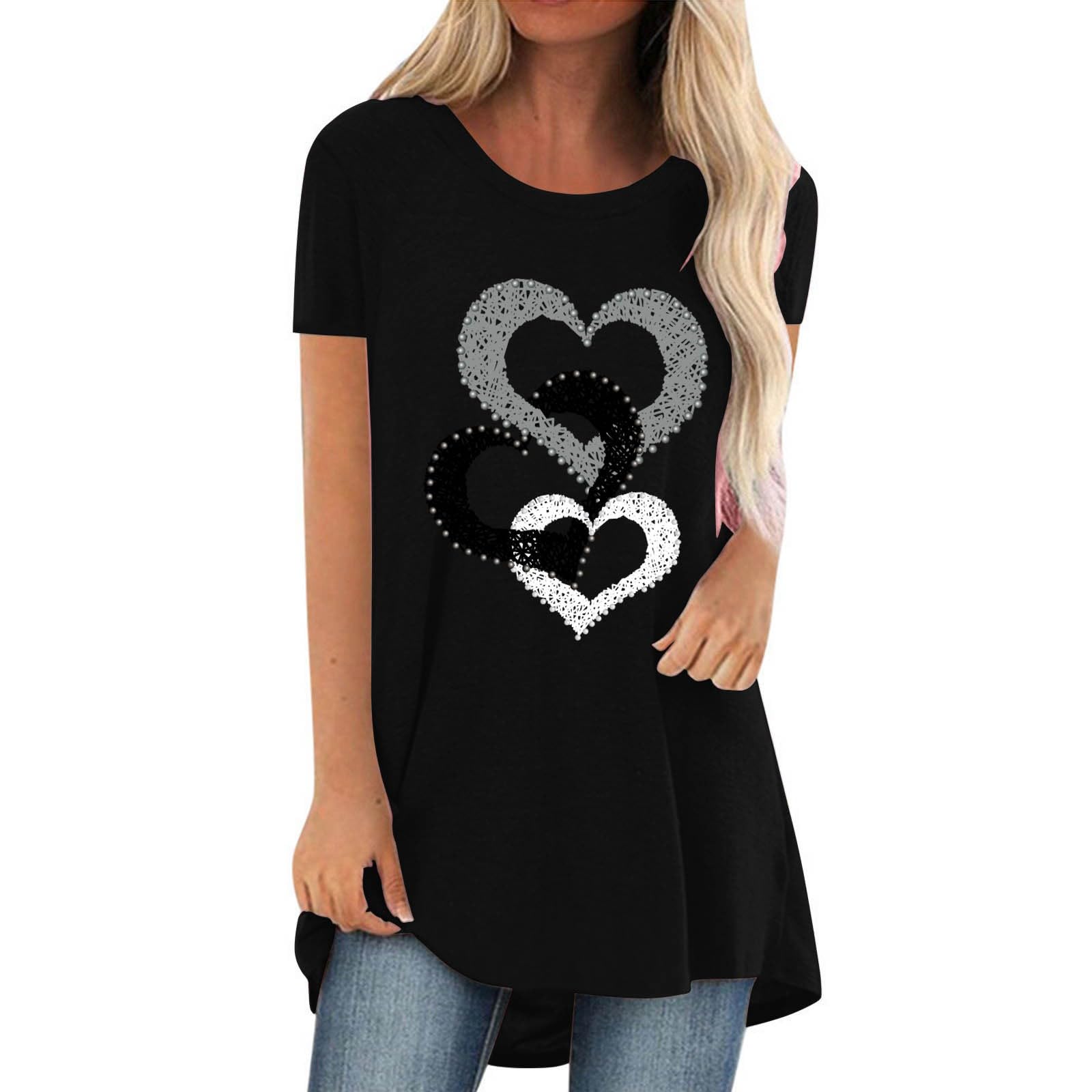 Genérico Camisetas Mujer Manga Corta Camiseta de Manga Corta con Cuello y Longitud Media, Informal, con Estampado de Amor y para el día de San Valentín para Mujer Camisetas De Manga Corta De