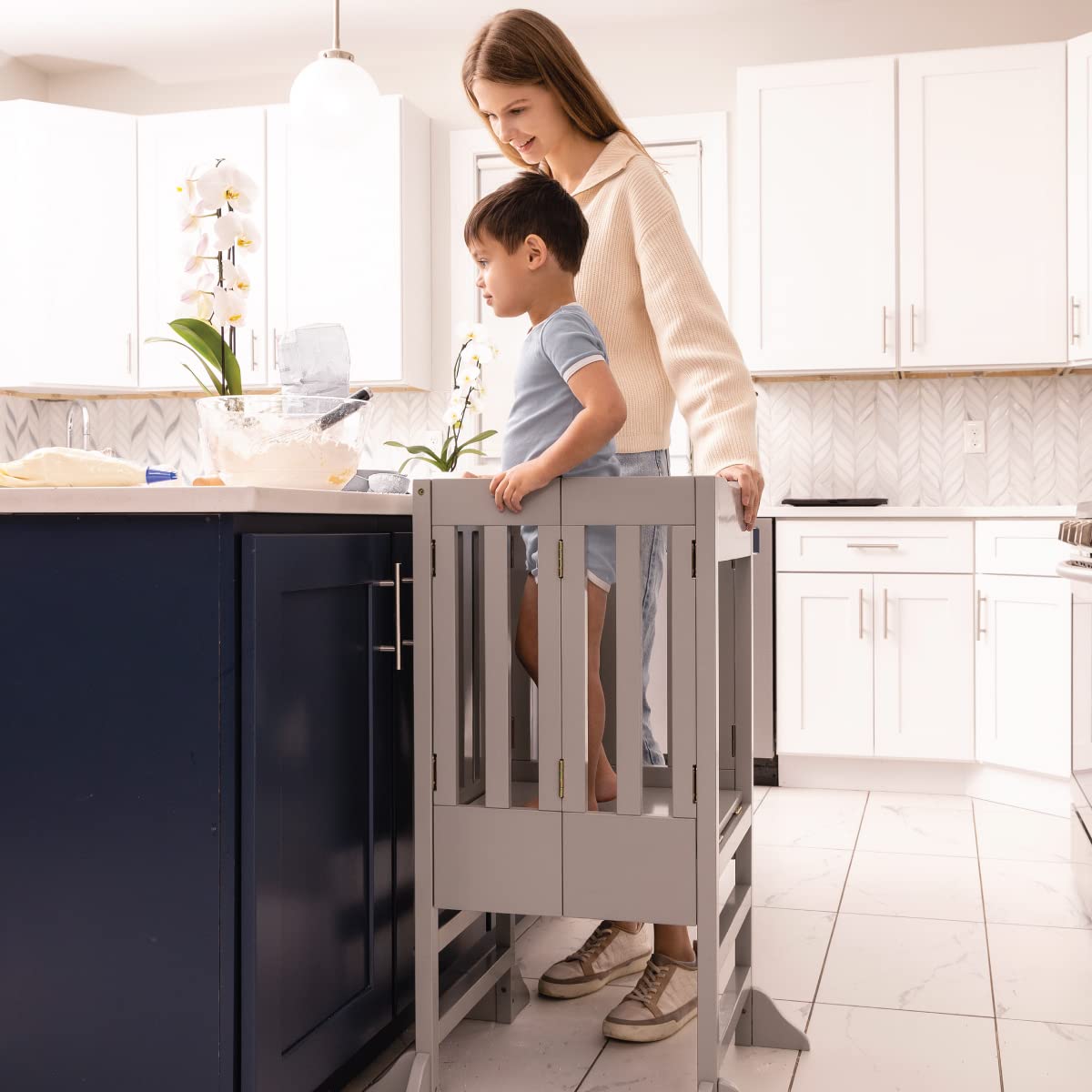 Milliard Wooden Kids Kitchen Step Stool Helper, Foldable – for Kids and Toddlers (Grey)