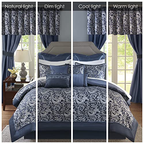 Image of Madison Park Essentials Brystol 24 Piece Room in a Bag Faux Silk Comforter Jacquard Paisley Design Matching Curtains Down Alternative All Season Bedding-Set, King(104 in x 92 in), Navy 24 Piece