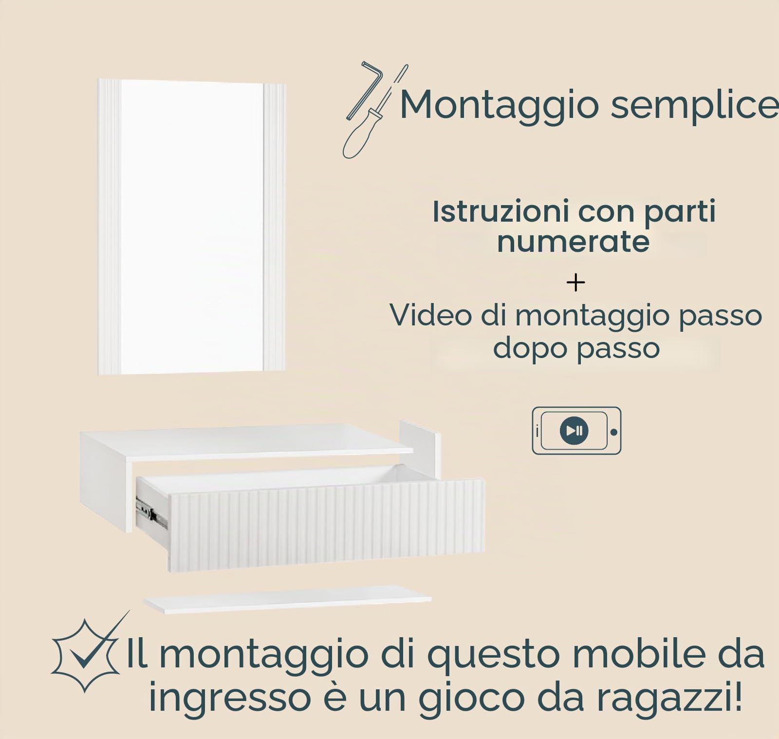 MB Muebles Bonitos, Toeletta Sospesa con Specchio Velia, Toeletta con Cassetto, Design a Scanalature, Melaminico e PVC, Colore Bianco, Ideale per Camera da Letto