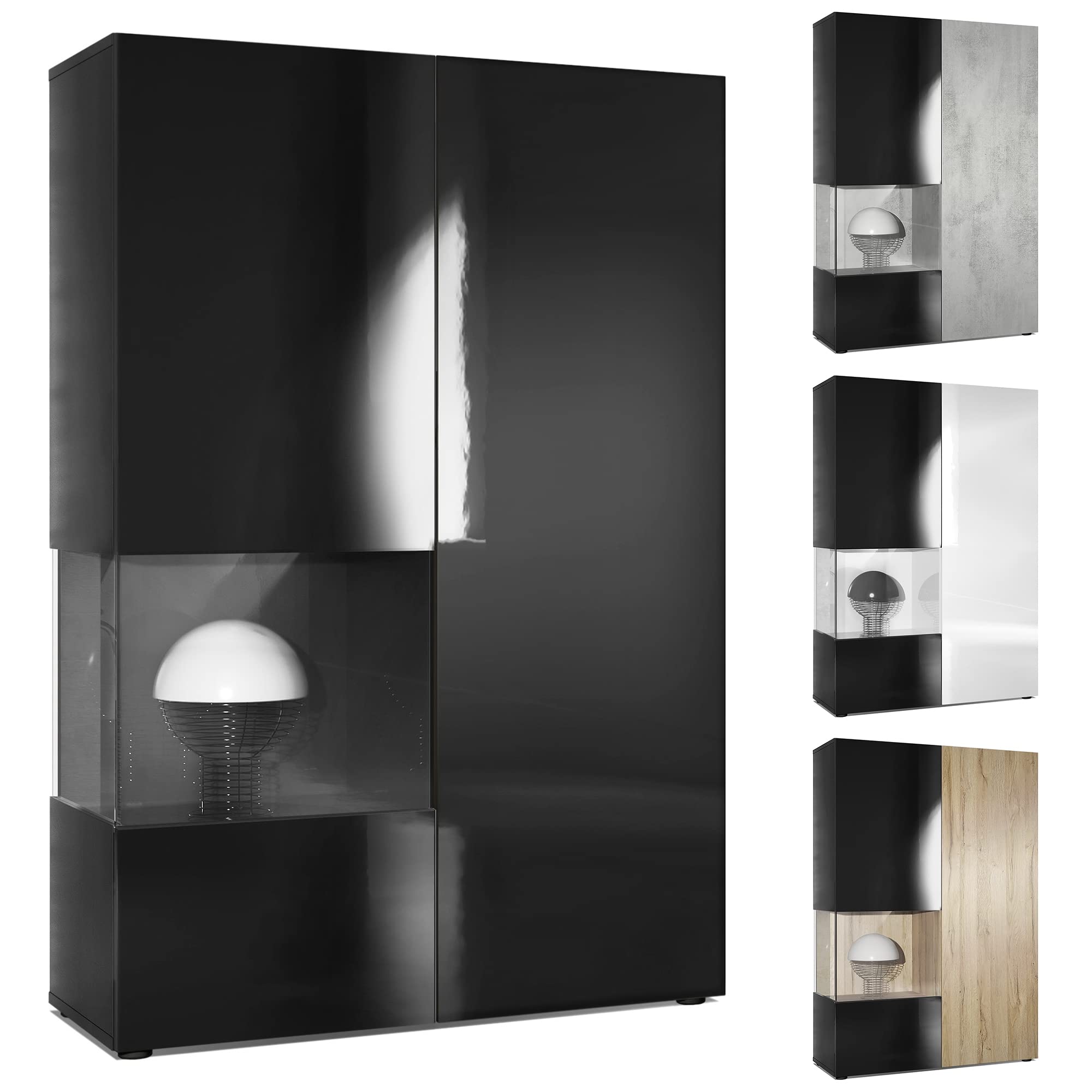 Vladon Vitrine Kommode Hochschrank Morena, Made in Germany, Korpus in Schwarz matt/Rechte Tür und der Einsatz in Schwarz Hochglanz, inkl. LED Beleuchtung
