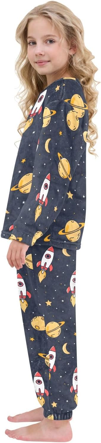 Kids Flannel Sets Rocket Moon Space Warm Plush Relaxed Clothing for Boys and Girls