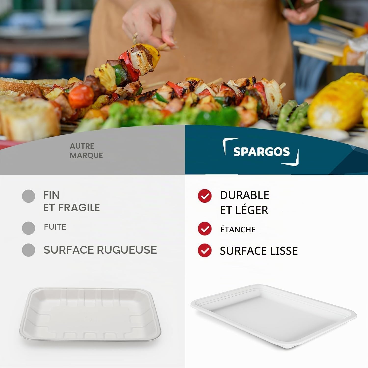 SPARGOS Plateau Repas 5 Compartiments Jetable - 100 Pack Canne à Sucre | 100 plateaux compartimentés 21,6 x 31,5 cm en canne à sucre, compostables, pour cantine, fête et buffet