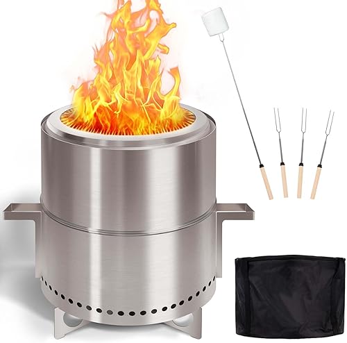 BRIOPAWS Fogata sin humo con soporte, portátil, para exteriores, incluye 4 tenedores para barbacoa, bolsa de transporte, asas, hoguera de acero