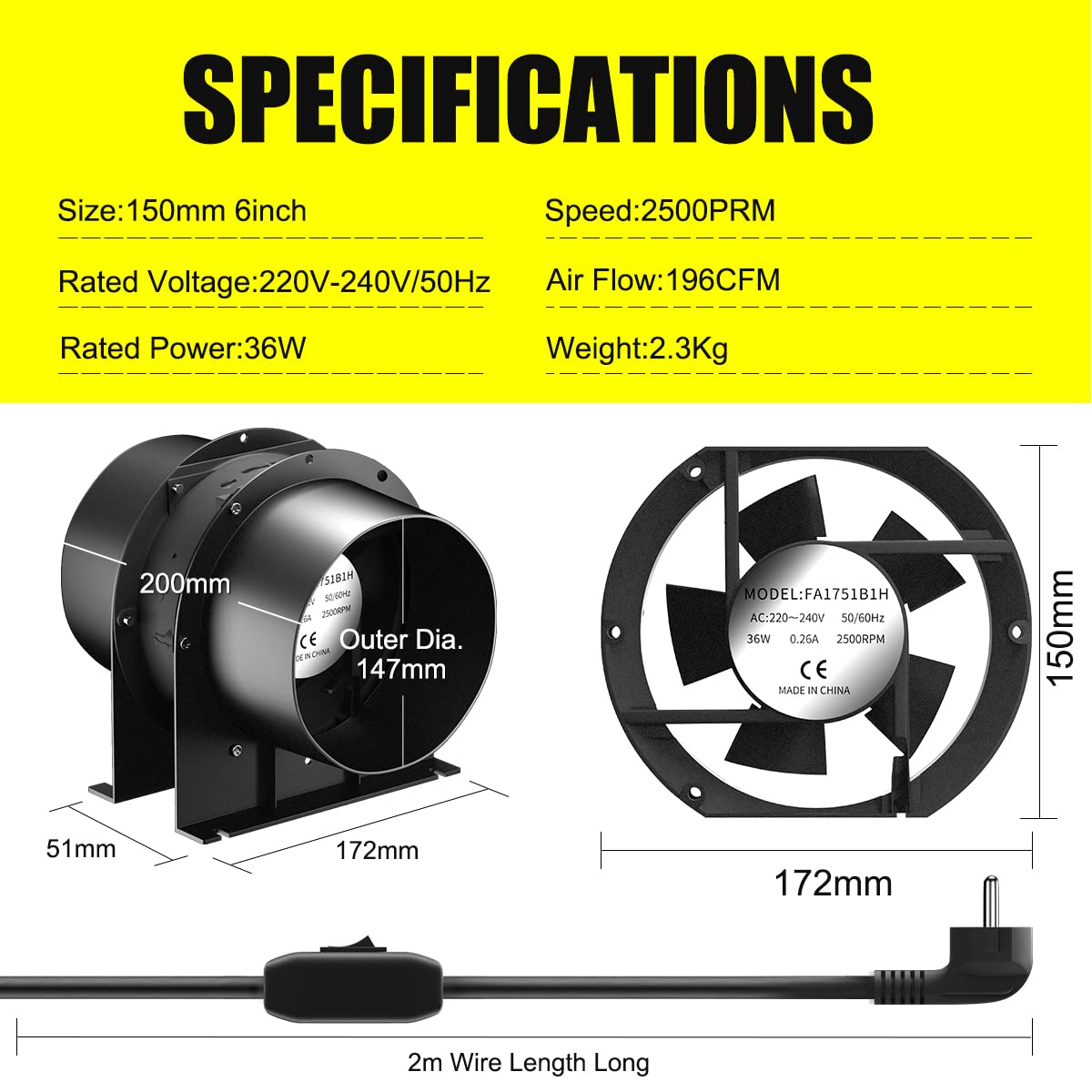 FanGoFast Extractor de Aire 150 mm, 334 m³/h, ventilador axial con interruptor de encendido/apagado y manguera de 3 m para tienda de cultivo, garaje, sala de herramientas, oficina