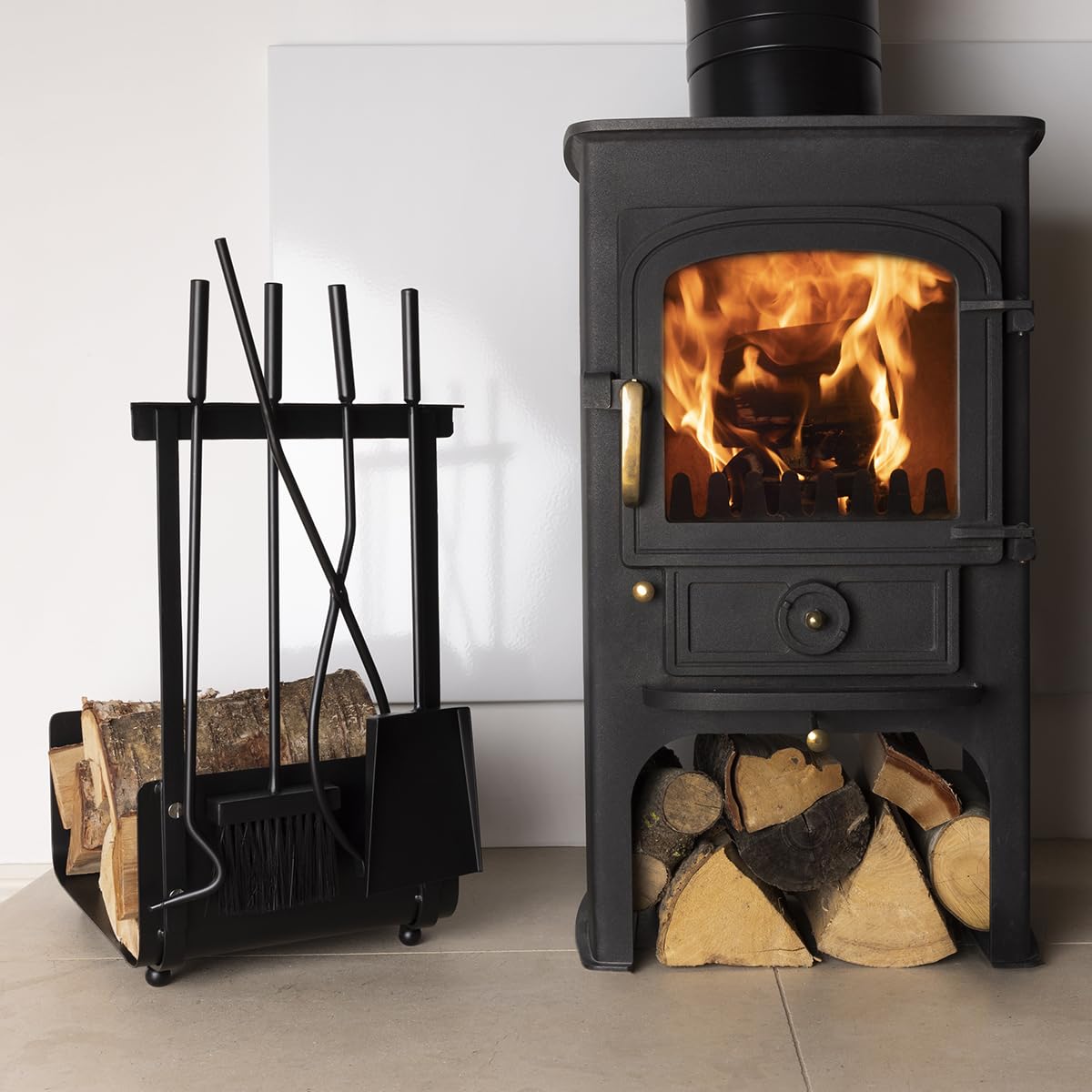 Charles Bentley Log Holder and Fireset Tool Stand - Black Iron - Poker, Tongs, Brush, Coal Shovel Included