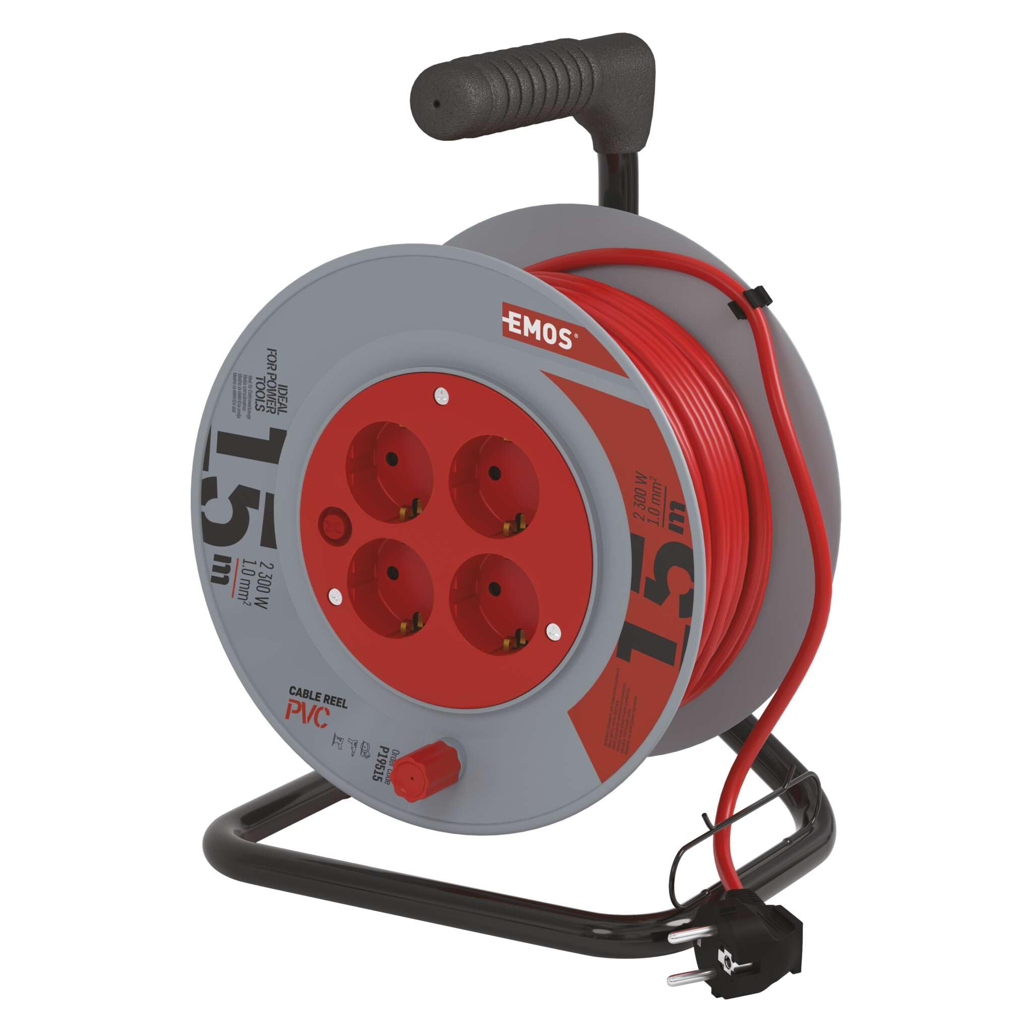EMOS P19515 4-er Mini-Kabeltrommel 15m / 4-Fach Kabelrolle/Indoor Leitungsroller mit Kurbel, Überhitzungsschutz / 2300 W, IP20, 230 V