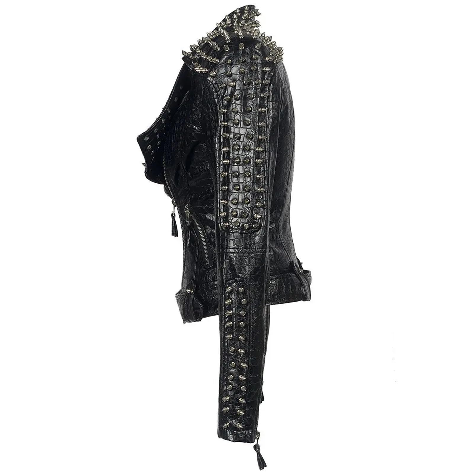 Chaqueta Cuero Mujer Abrigo de cuero invierno con múltiples remaches, chaqueta corta manga larga, moda for mujer, ropa punk rock negra Para salir