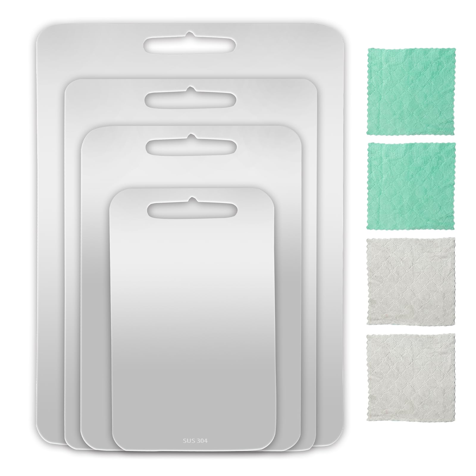 4 tablas de cortar de acero inoxidable 304 de doble cara con 4 paños de limpieza, aptas para lavavajillas, para cocina, carne, frutas y verduras