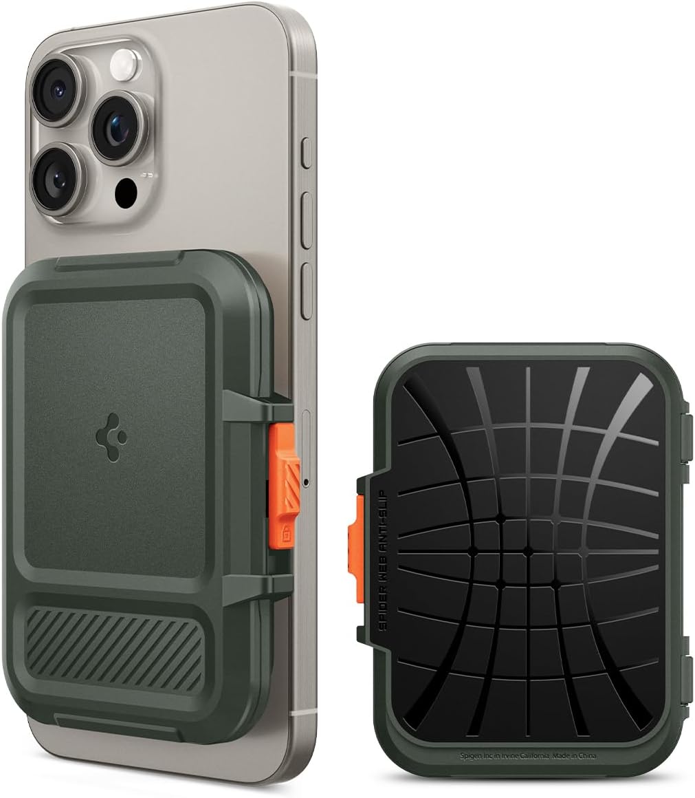 Spigen Lock Fit (MagFit) Magnetic Wallet Card Holder up to 6 Cards Designed for MagSafe Compatible with iPhone 16, iPhone 15, iPhone 14, iPhone 13, iPhone 12 Models - Black, Military Green