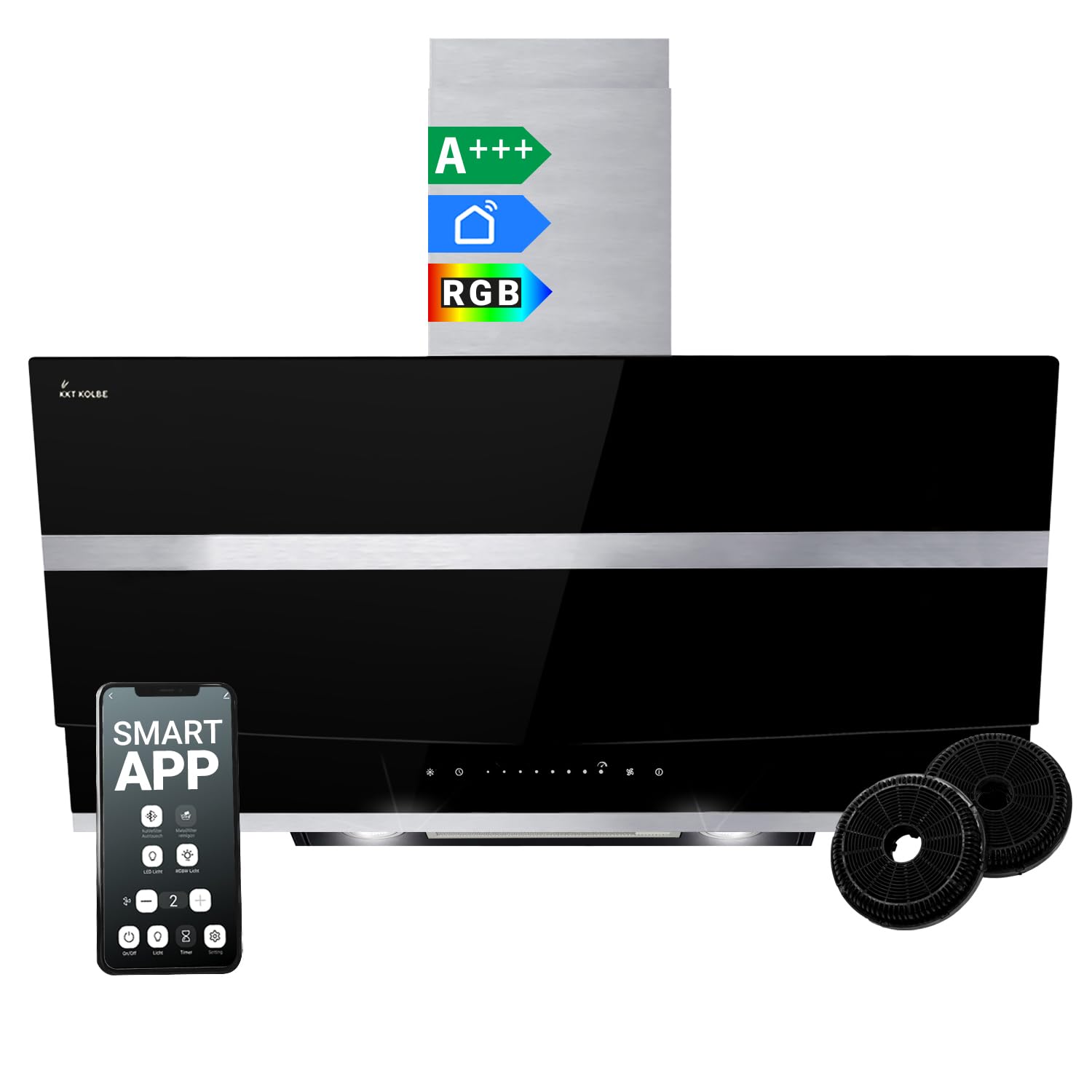 Campana Extractora 90 cm | Campana de Pared Inclinada | acero inoxidable | vidrio negro | WiFi | apagado automático | Iluminación LED RGBW | Funcionamiento táctil | HERMES9005SM